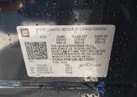 2020 Chevrolet Equinox Fwd Premier 1.5L Turbo из США, поврежденный, VIN 2GNAXNEV8L6233600